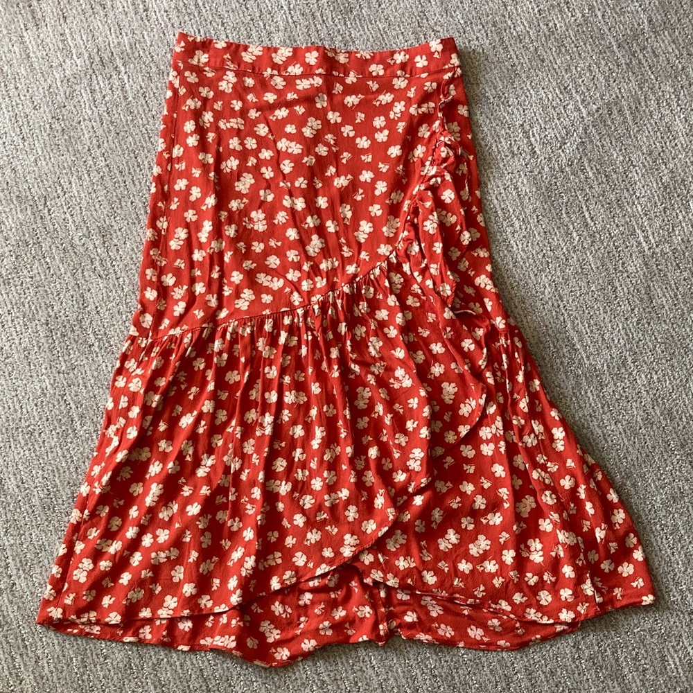 Madewell Red Floral Midi Skirt
